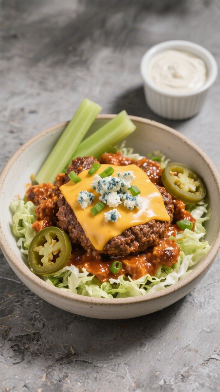 Final plated dish, restaurant-quality: Beautifully plated bowl of Keto Buffalo Hamburger Skillet ser