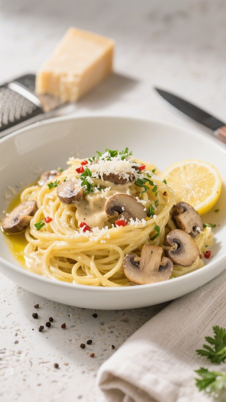 Final plated dish — Restaurant-quality bowl: Beautifully plated Keto Mushroom Alfredo Spaghetti Sq