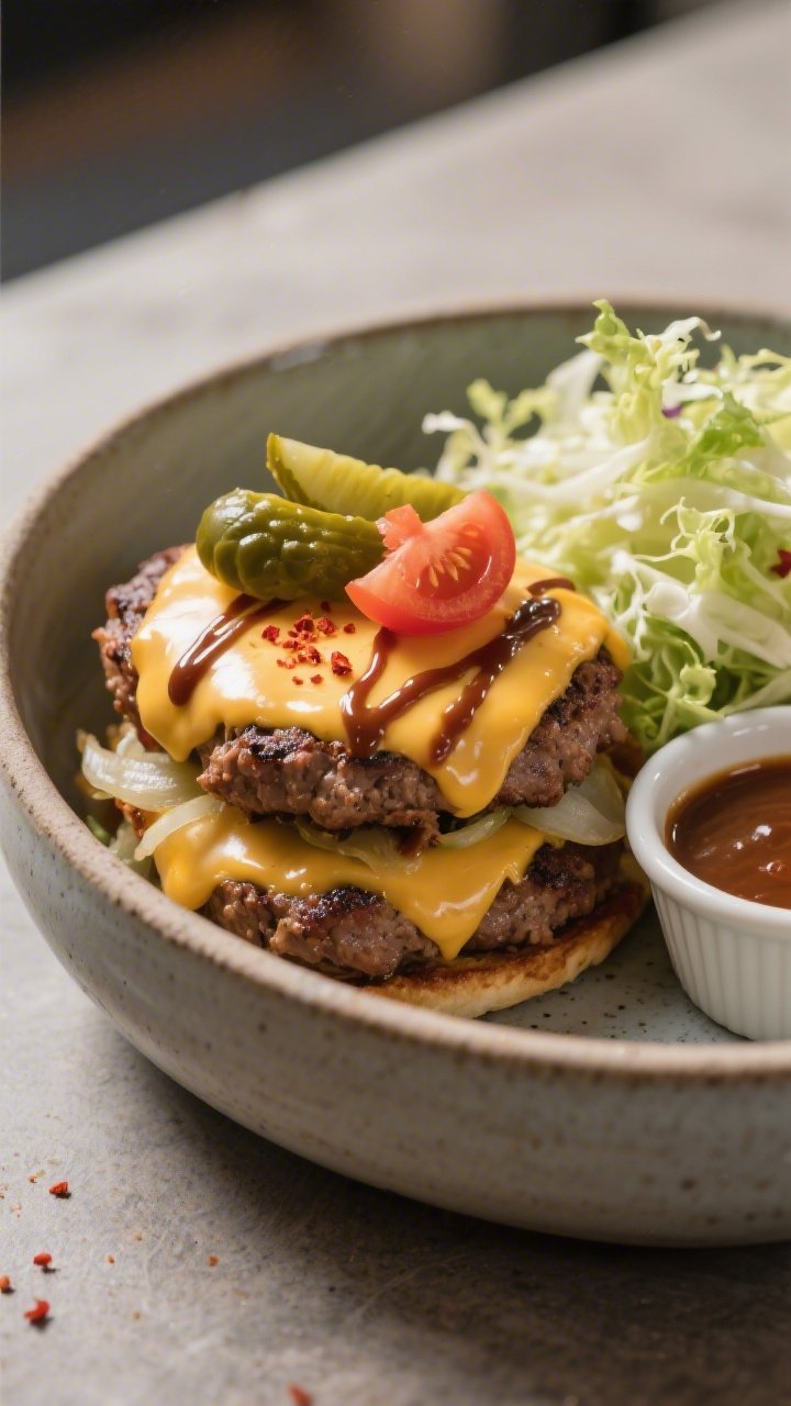 Final plated dish: Restaurant-quality bowl serving of the deconstructed burger—two cheese-smothere