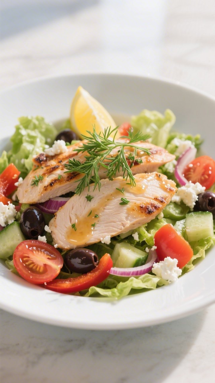 Final plated dish – Restaurant-quality Greek Chicken Salad: Beautifully plated composed salad in a