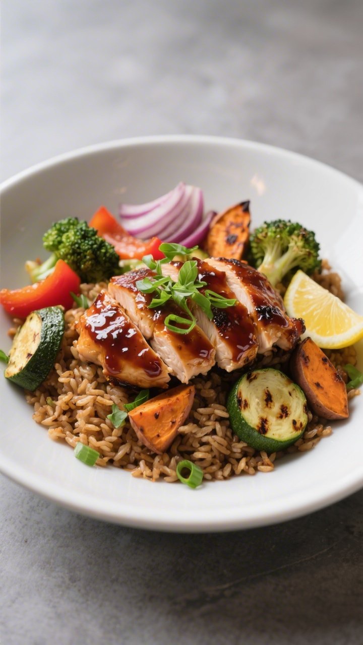 Final plated dish — restaurant-quality presentation: Beautifully plated BBQ Chicken & Roasted Vegg