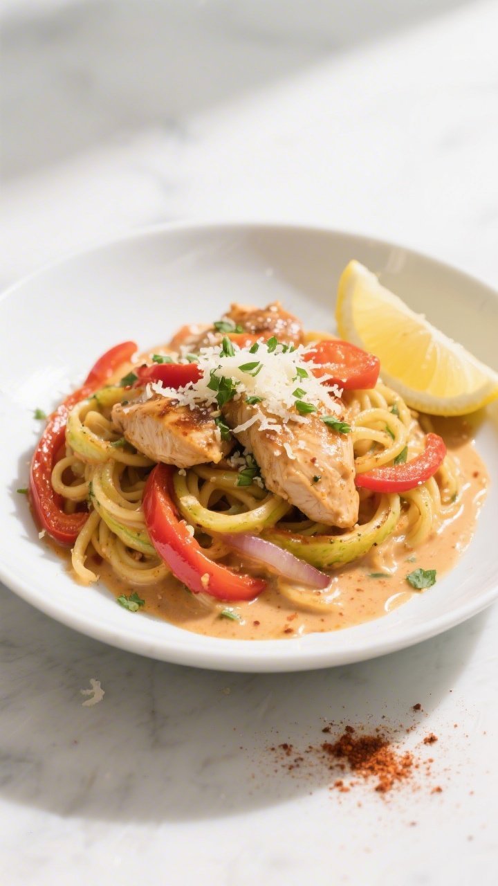 Final plated dish — restaurant-quality presentation: Beautifully plated Keto Cajun Chicken Spaghet