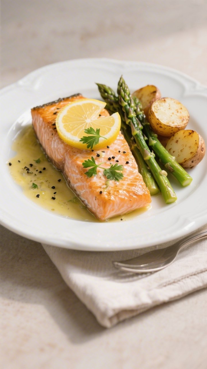 Final plated dish: Restaurant-quality presentation of Garlic Butter Salmon with Lemon on a white cer