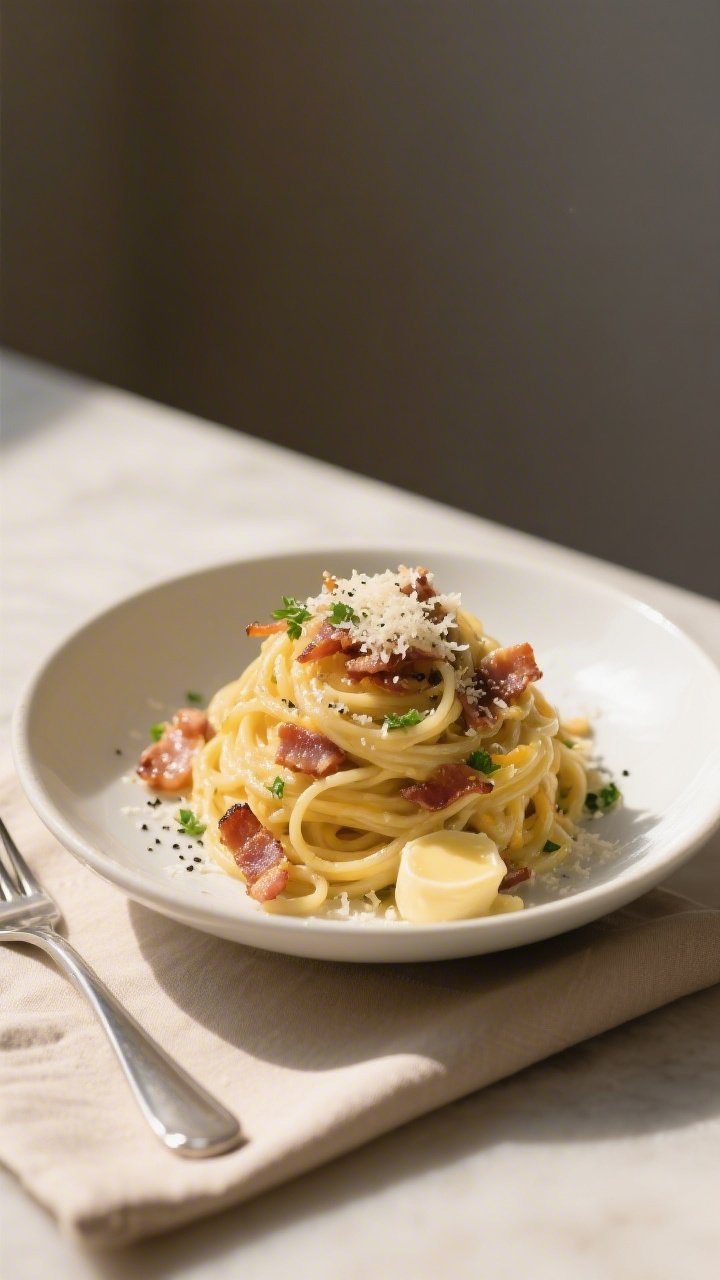 Final plated dish, restaurant-quality presentation: Beautifully plated Keto Spaghetti Squash Carbona