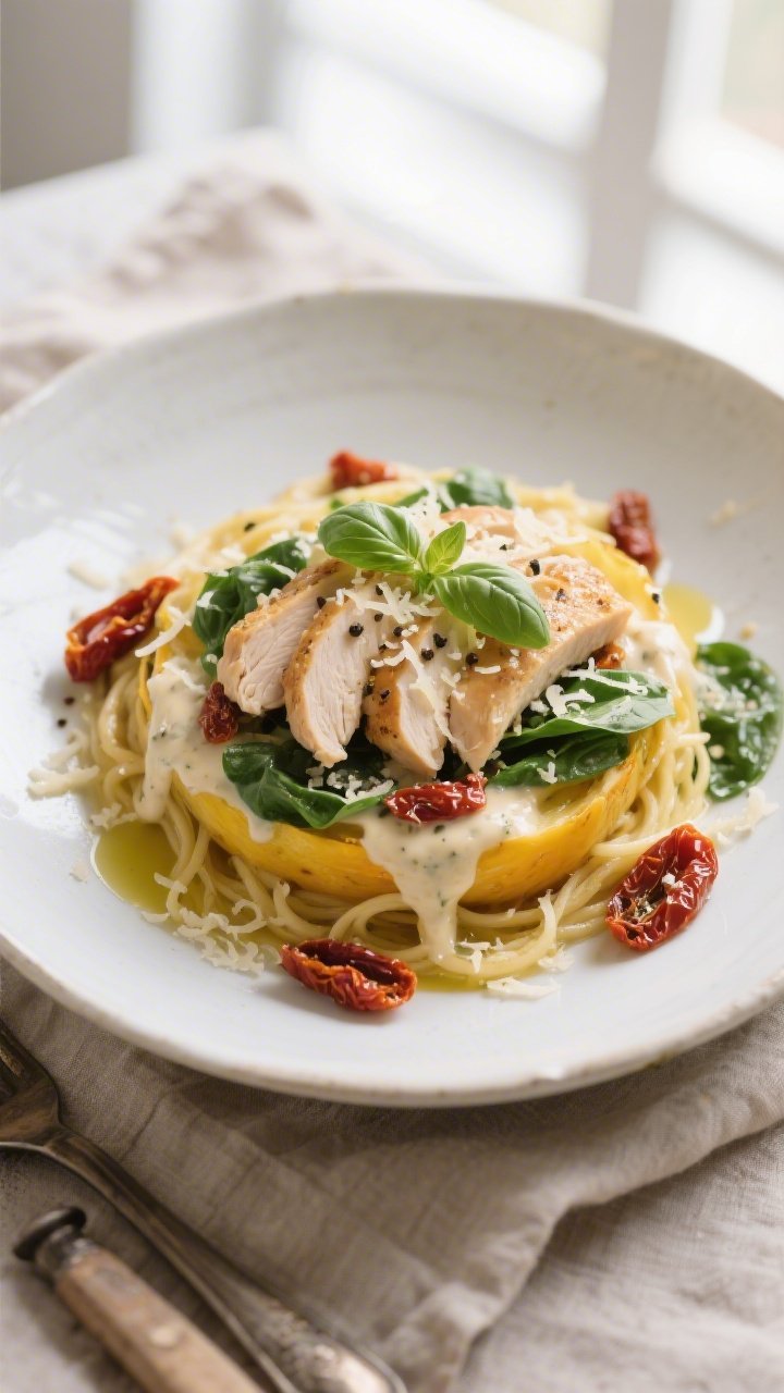 Final plated dish, restaurant-quality presentation: Keto Tuscan Chicken Spaghetti Squash elegantly t