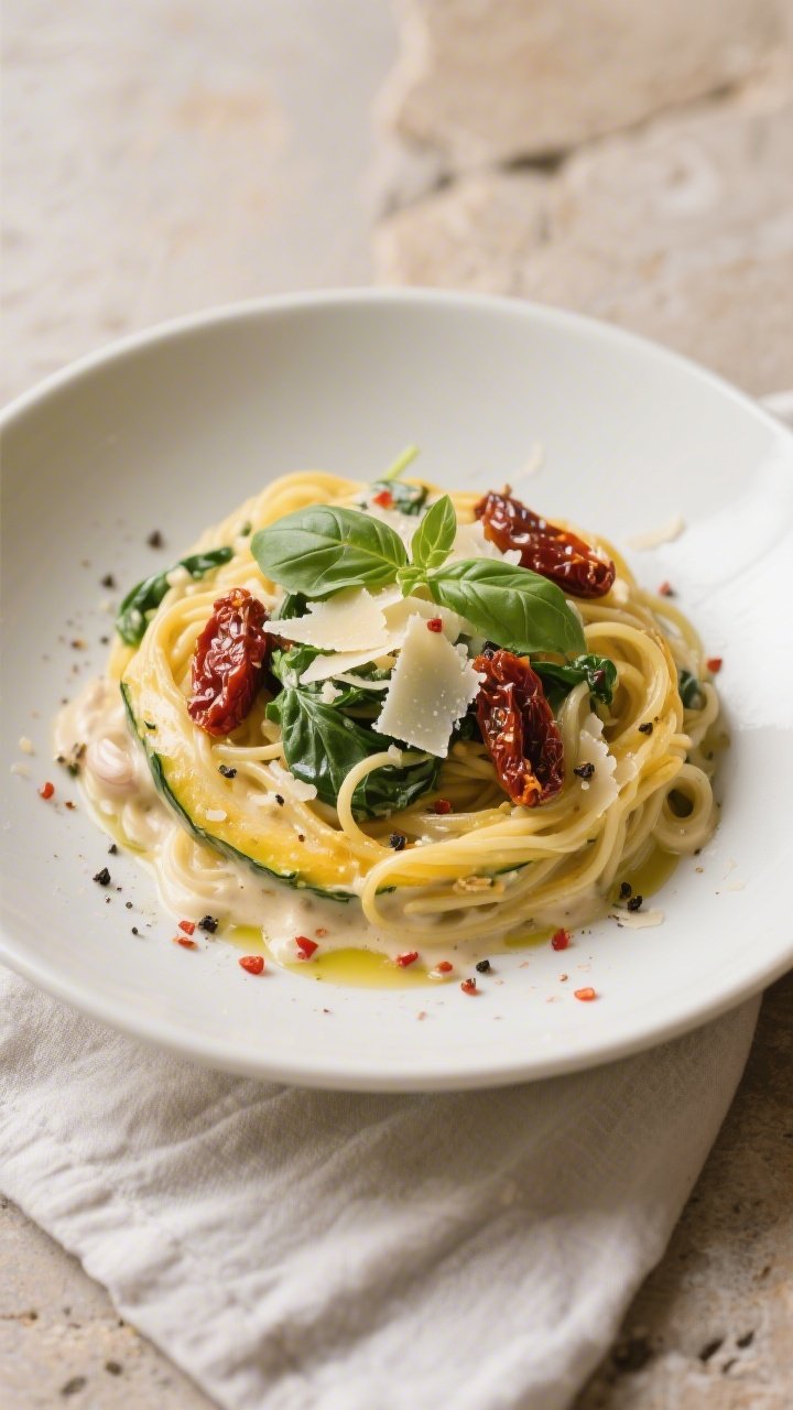 Final plated dish, restaurant-quality presentation: Keto Creamy Tuscan Garlic Spaghetti Squash twirl