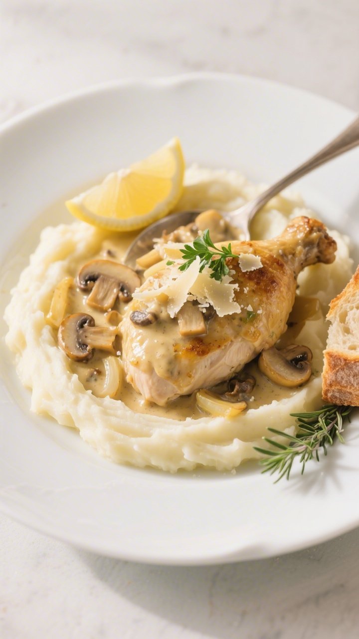 Final plated dish, restaurant-quality presentation: Creamy Garlic Mushroom Chicken arranged on a wid