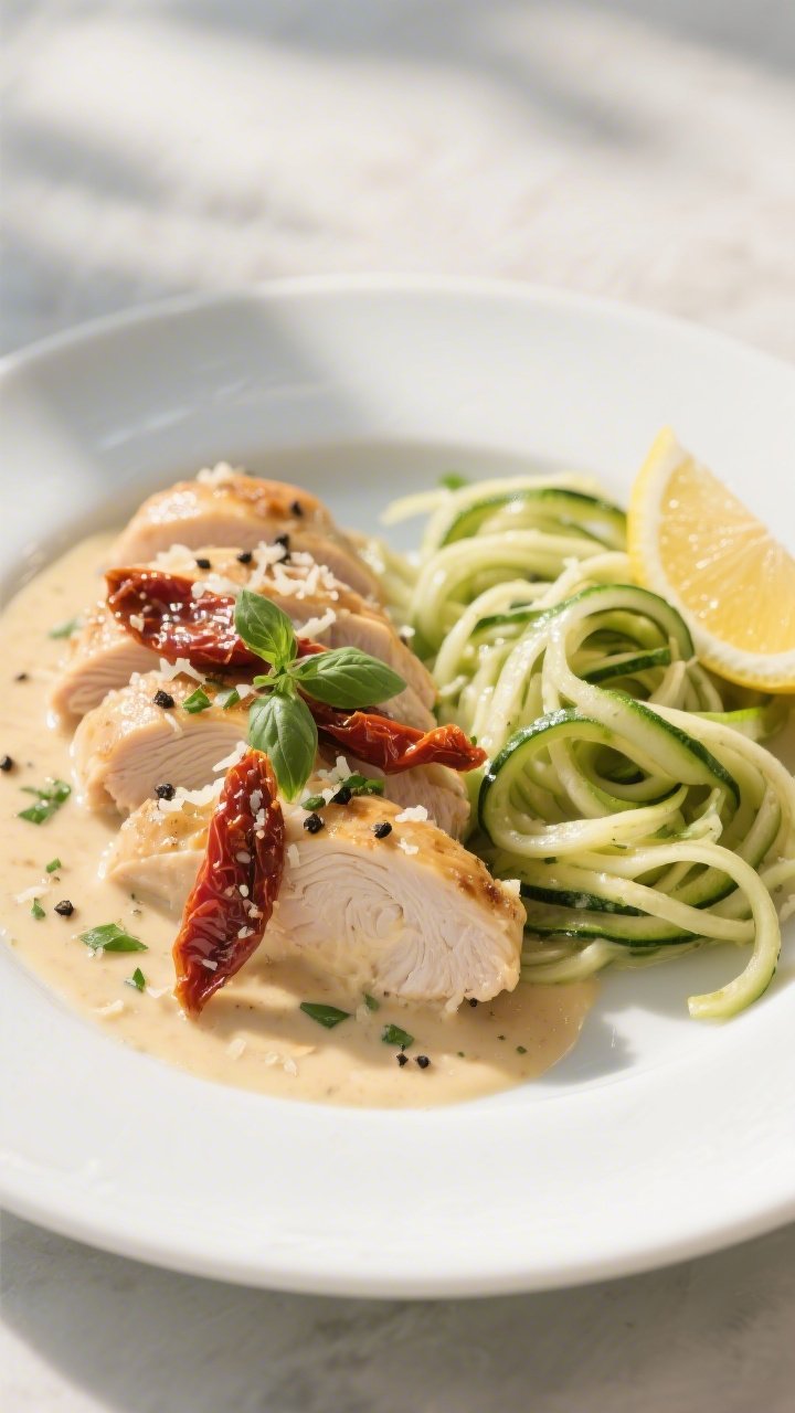 Final plated dish, restaurant-quality presentation: Keto Marry Me Chicken sliced on a matte white ri