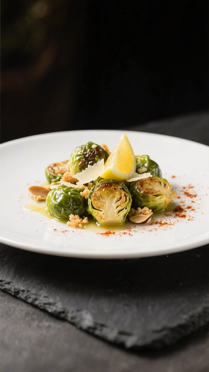 Final plated dish: Restaurant-quality presentation of Brussels sprouts finished with lemon and Parme
