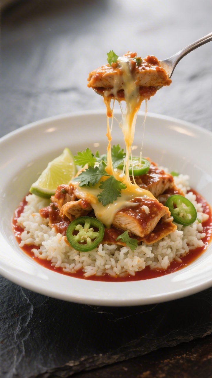 Final plated dish, restaurant-quality presentation: A composed serving of keto chicken enchilada ski