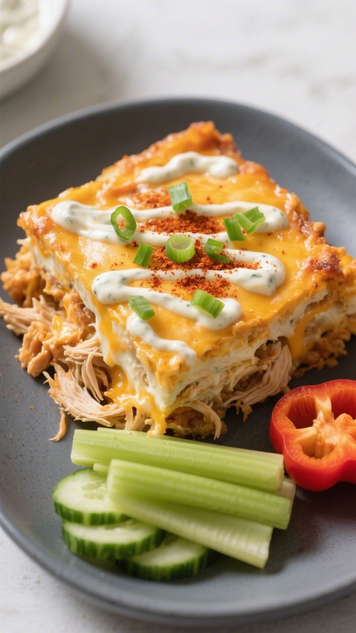 Final plated dish: Restaurant-quality presentation of a generous square of Keto Buffalo Chicken Dip 