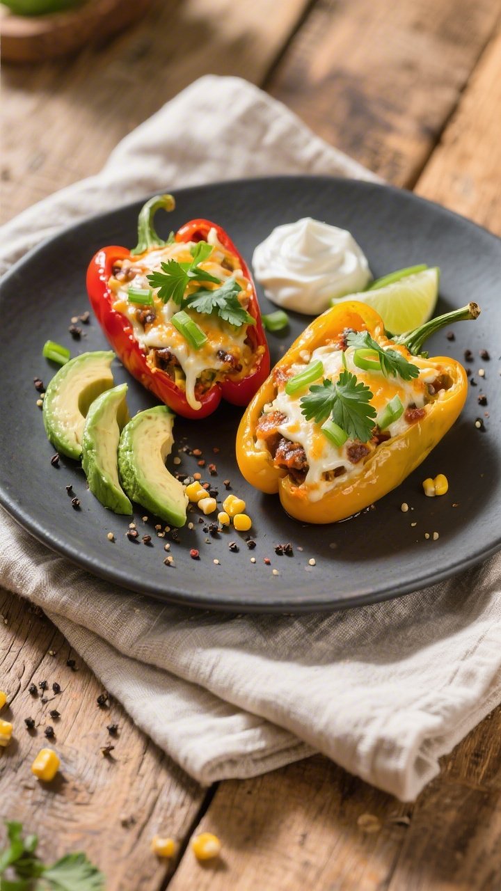 Final plated dish: Restaurant-quality presentation of two colorful cheesy taco stuffed peppers on a 