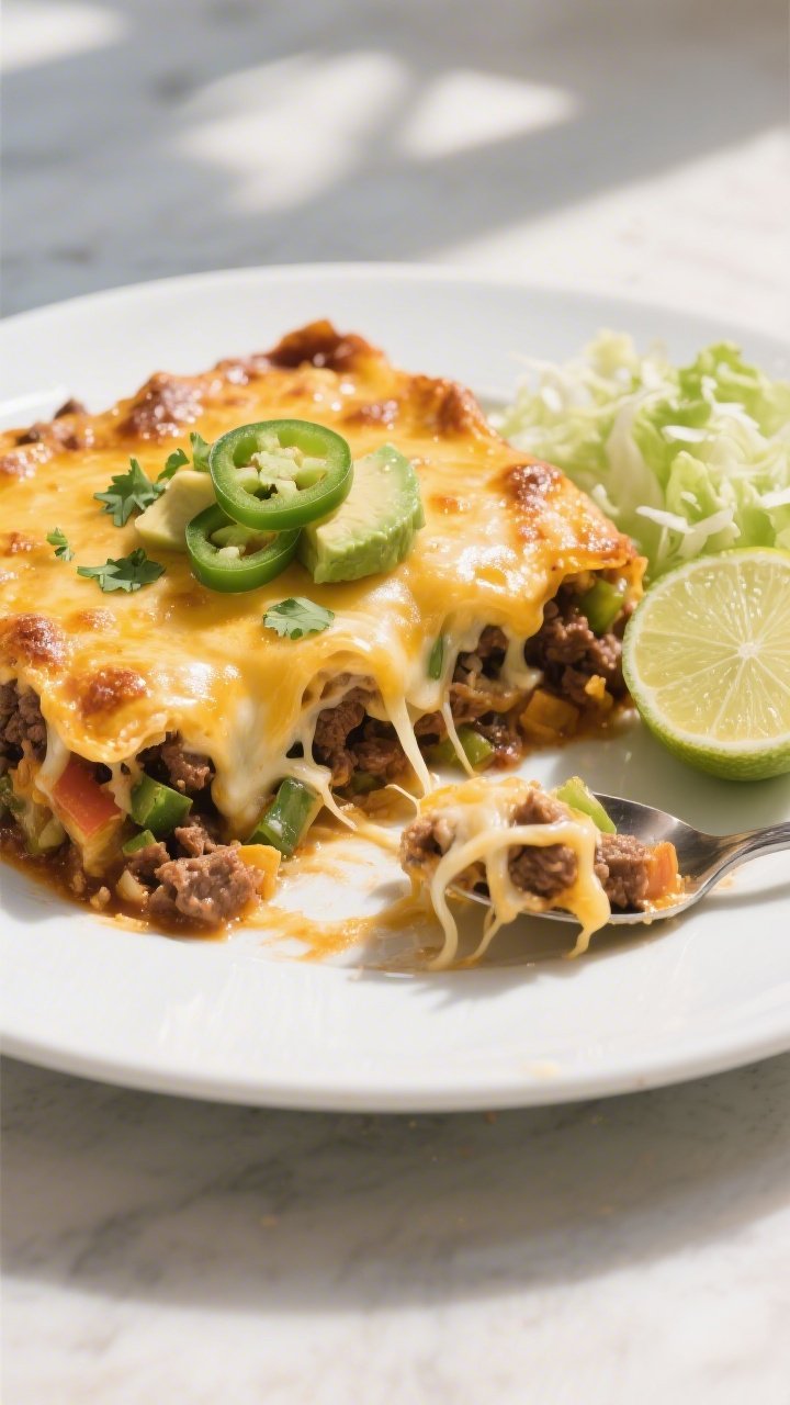 Final plated dish, restaurant-quality presentation: Beautifully plated serving of Keto Taco Casserol