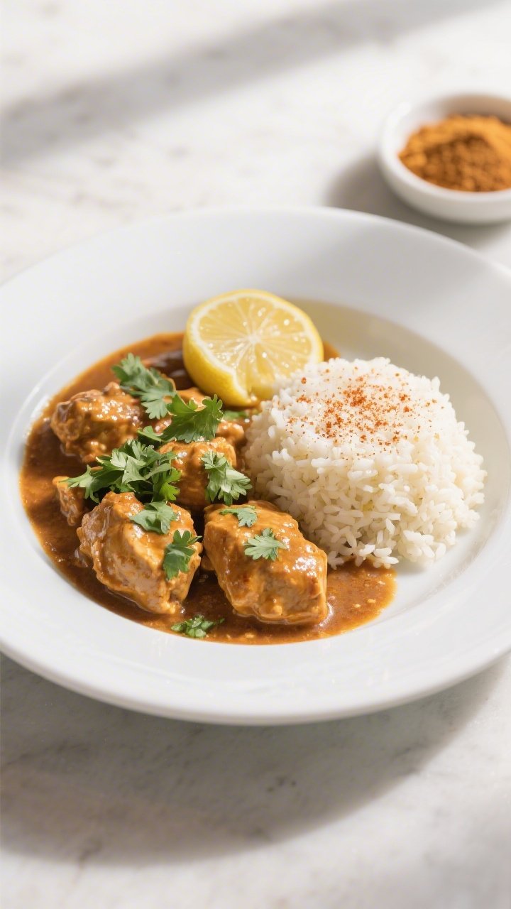 Final plated dish: Restaurant-quality presentation of keto butter chicken in a wide, shallow white b