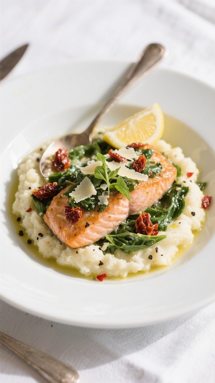 Final plated dish: Restaurant-quality presentation of Creamy Tuscan Salmon over a velvety cauliflowe