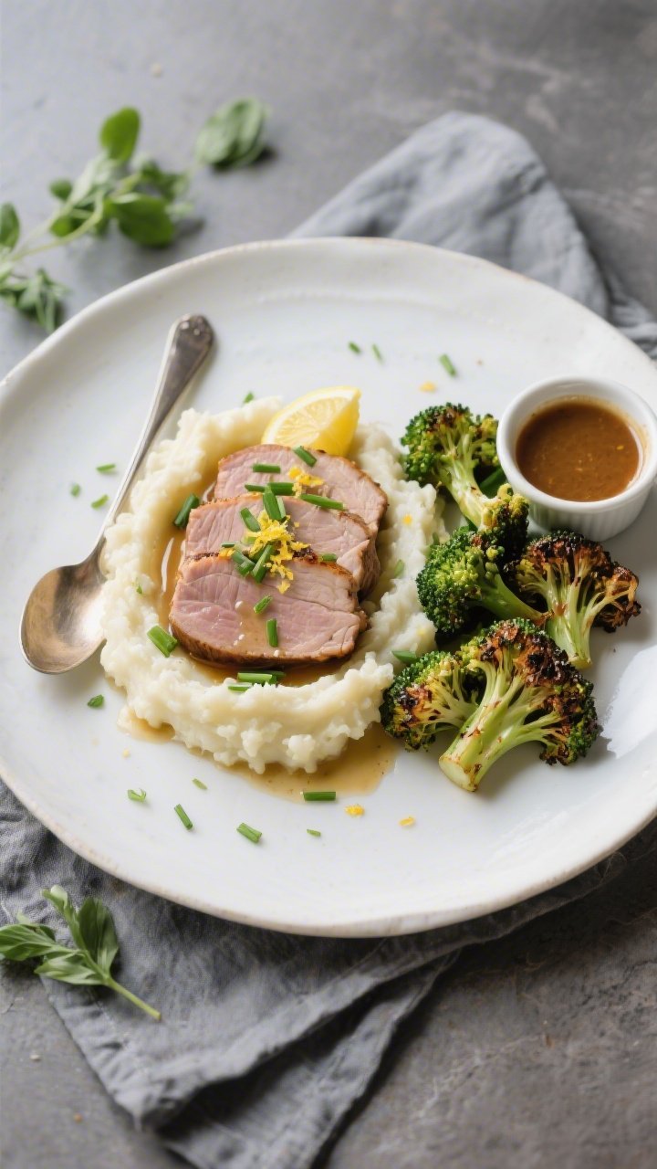 Final plated dish: Restaurant-quality presentation of keto ranch pork loin slices atop silky caulifl