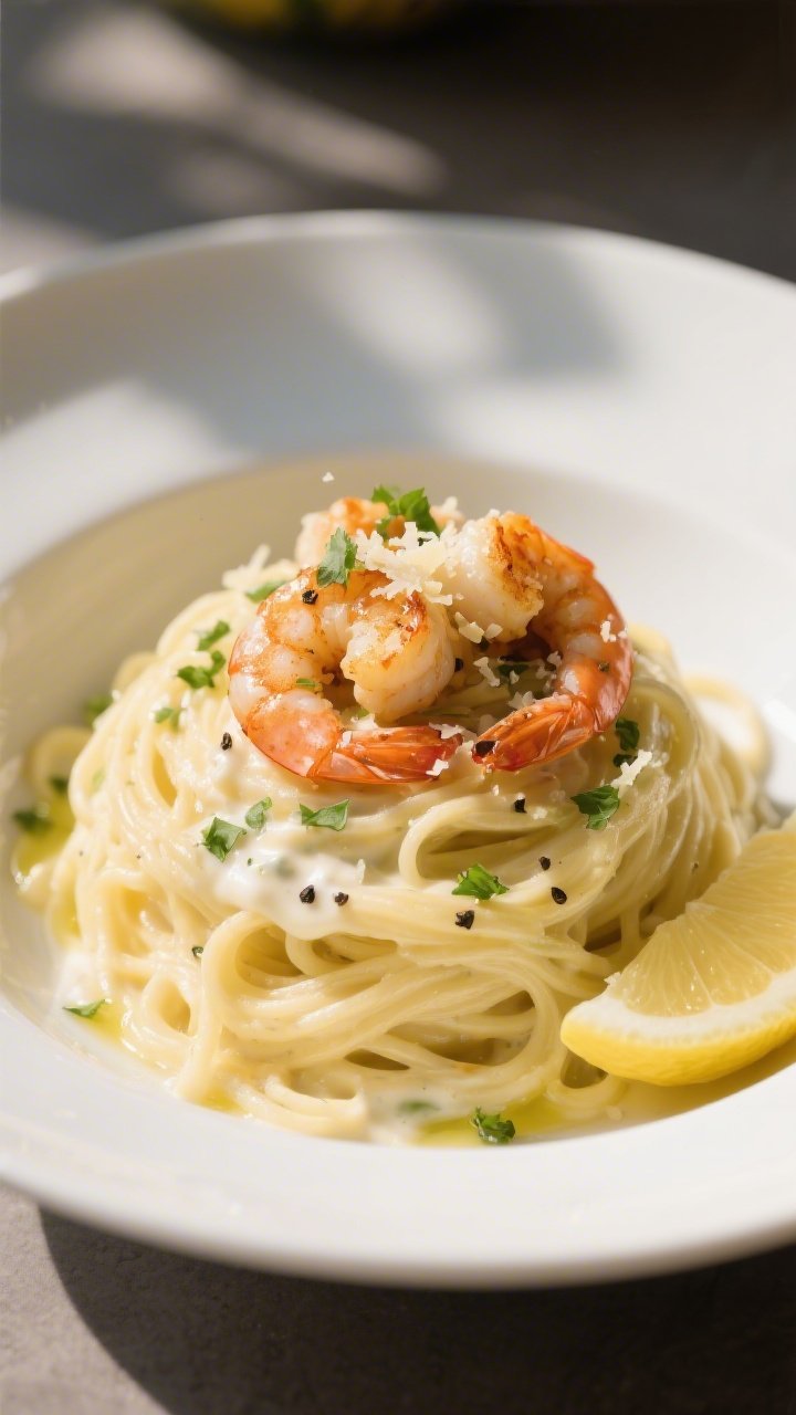 Final plated dish: Restaurant-quality presentation of Keto Creamy Alfredo Spaghetti Squash twirled i