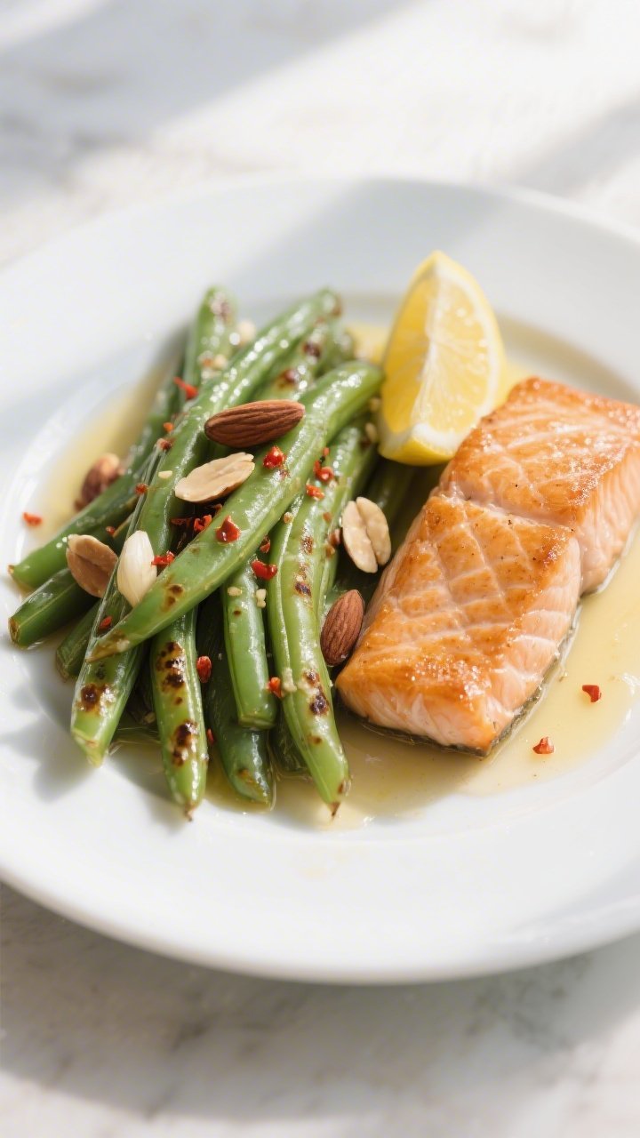 Final plated dish: Restaurant-quality presentation of garlic butter green beans alongside a simple p
