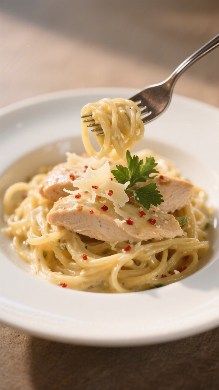 Final plated dish: Restaurant-quality presentation of creamy garlic chicken spaghetti squash twirled