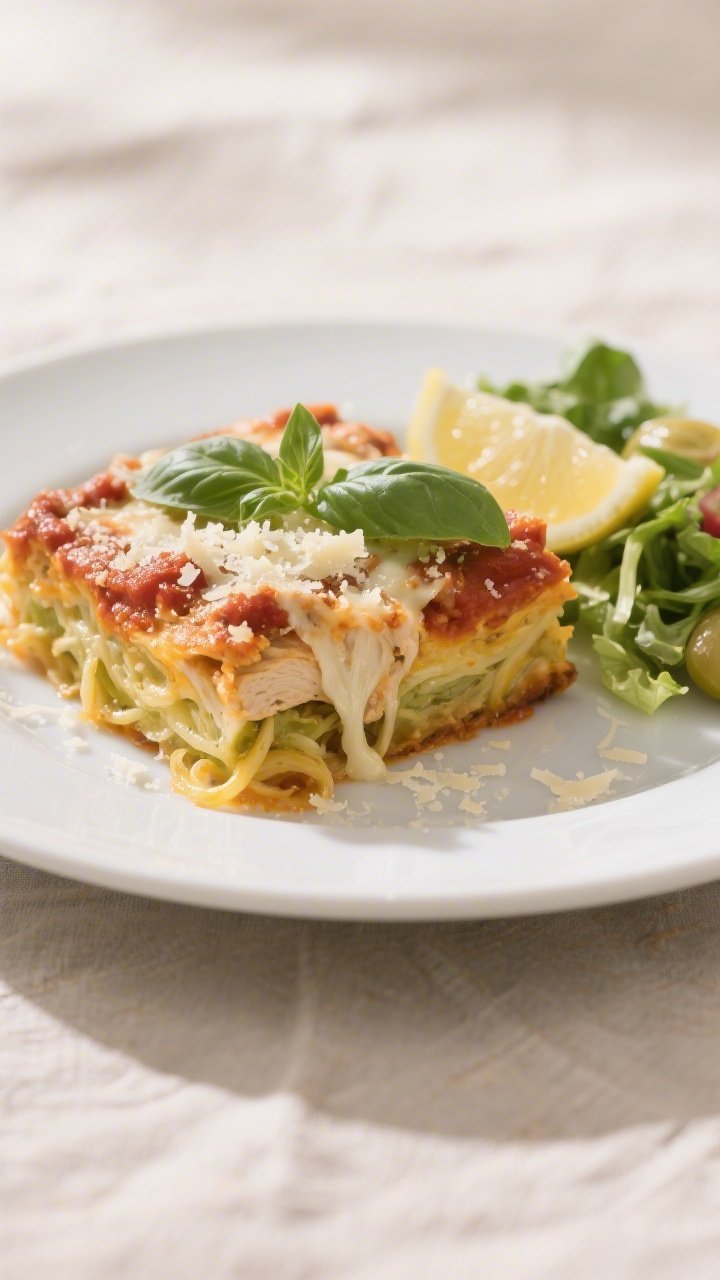 Final plated dish: Restaurant-quality presentation of a neatly cut square of the Chicken Parmesan Sp