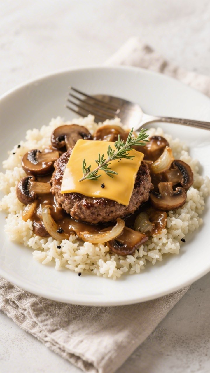 Final plated dish: Restaurant-quality presentation of the Keto Mushroom Swiss Hamburger Skillet spoo