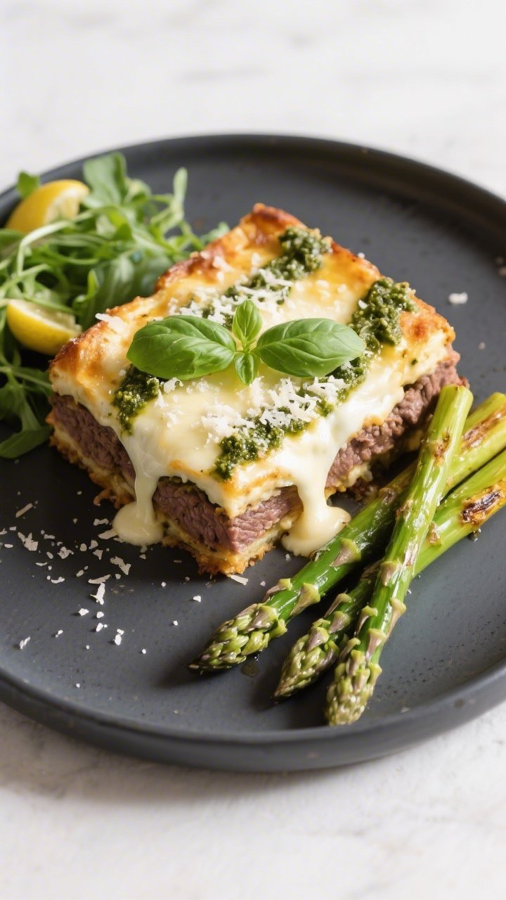 Final plated dish: Restaurant-quality presentation of a neatly sliced square of Keto Pesto Mozzarell