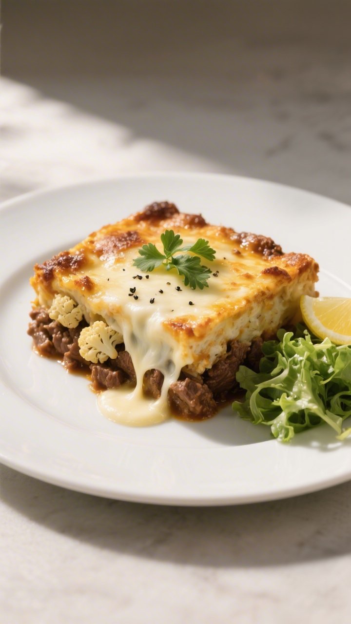 Final plated dish: Restaurant-quality presentation of a generous square of the casserole on a matte 