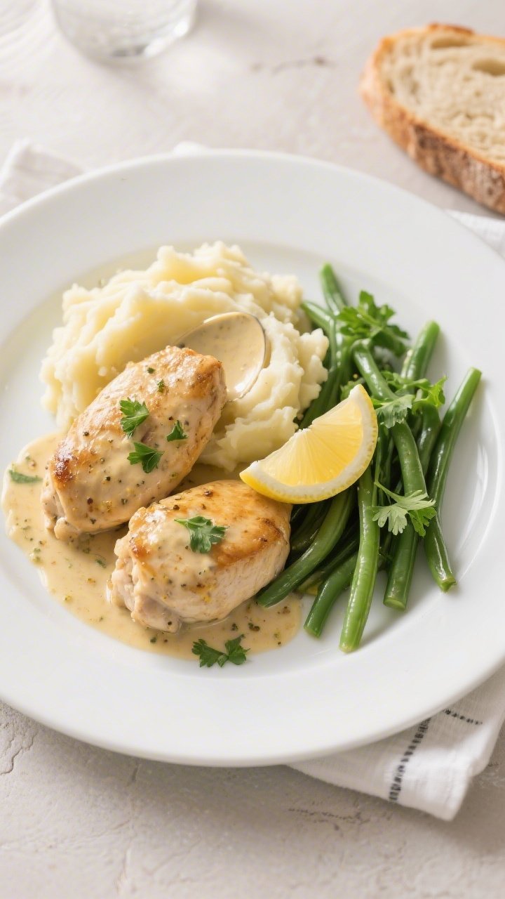 Final plated dish: Restaurant-quality presentation of Creamy Dijon Chicken & Green Beans plated on a