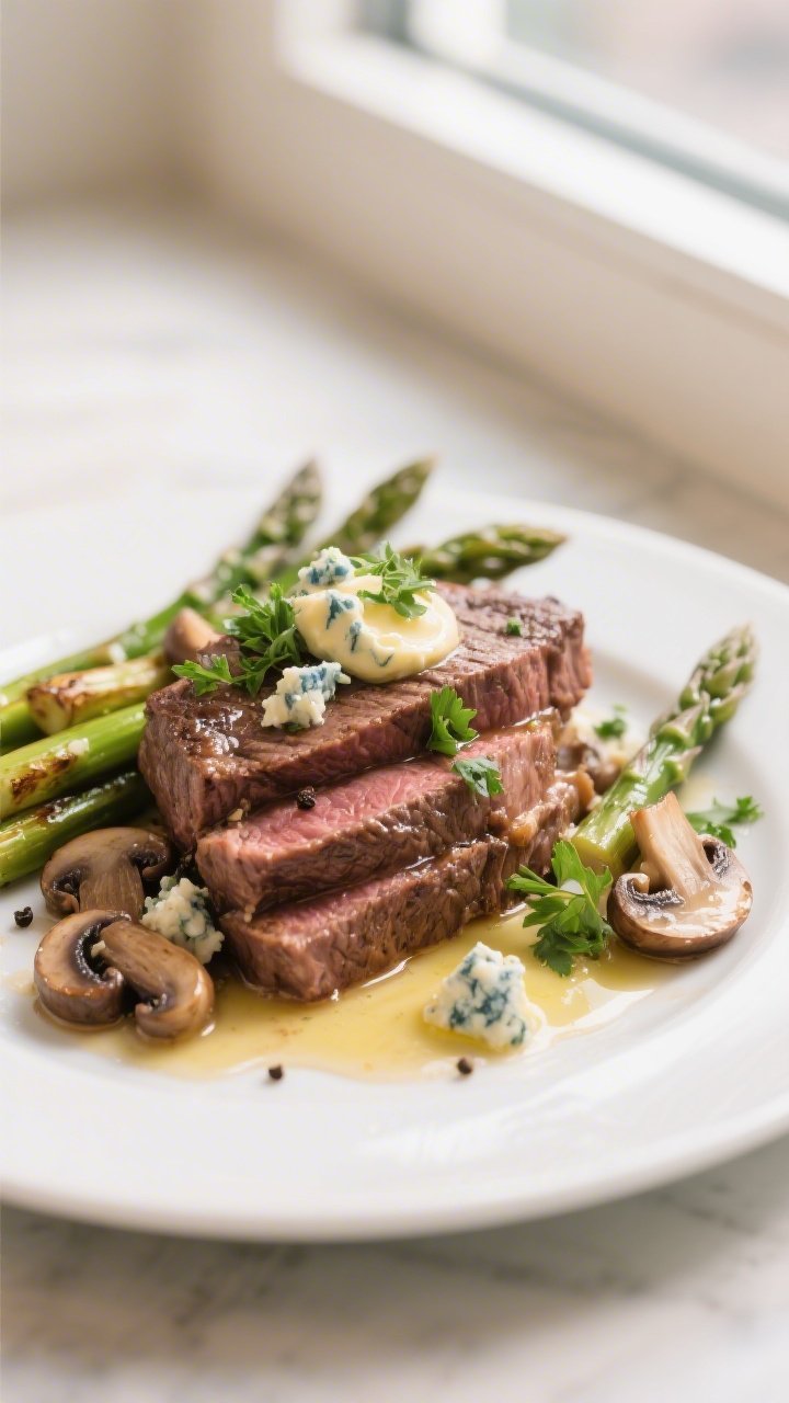 Final plated dish: Restaurant-quality presentation of Garlic Herb Butter Steak & Mushrooms on a warm