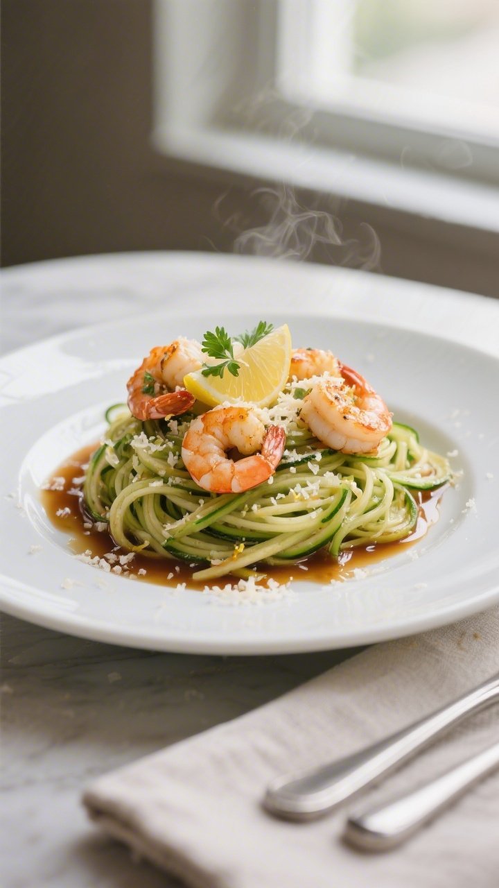Final plated dish, restaurant-quality presentation: Beautifully plated Lemon Garlic Shrimp & Zoodles