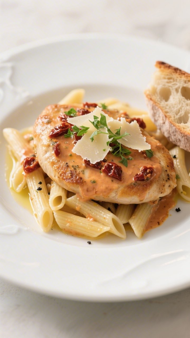 Final plated dish: Restaurant-quality presentation of a single chicken cutlet over al dente penne, g