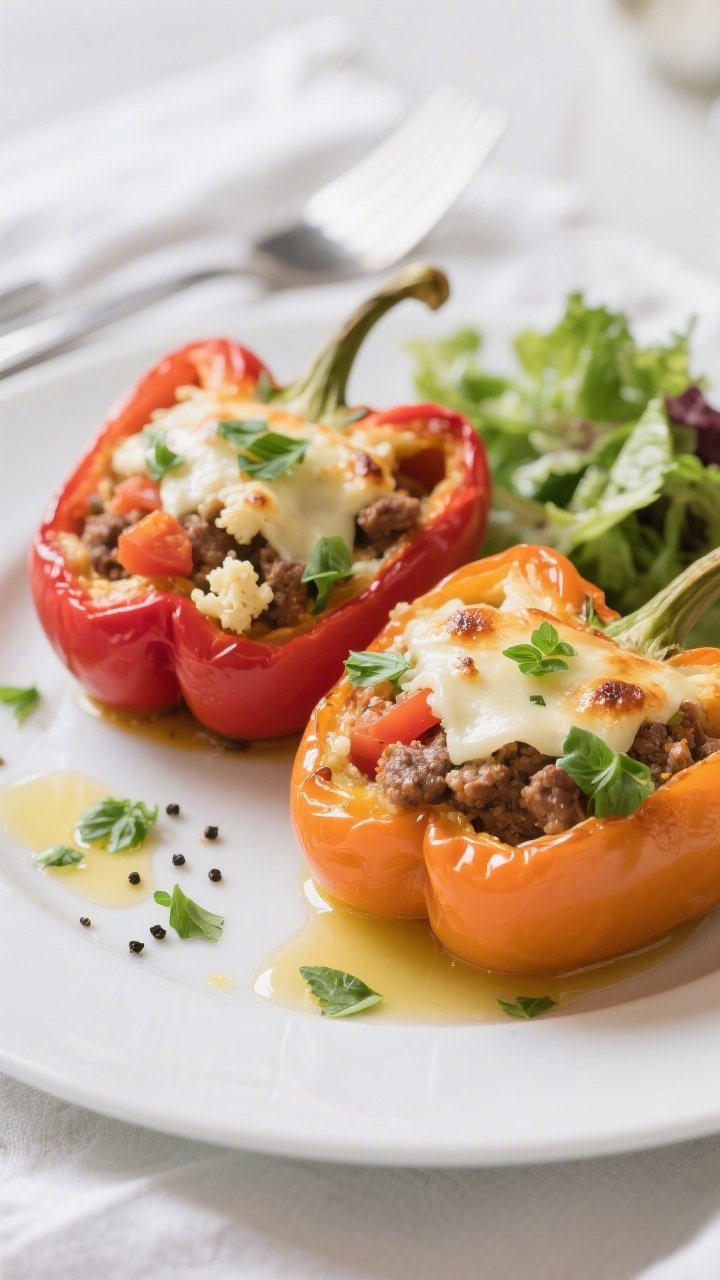 Final plated dish: Restaurant-quality presentation of two keto stuffed bell peppers (one red, one or