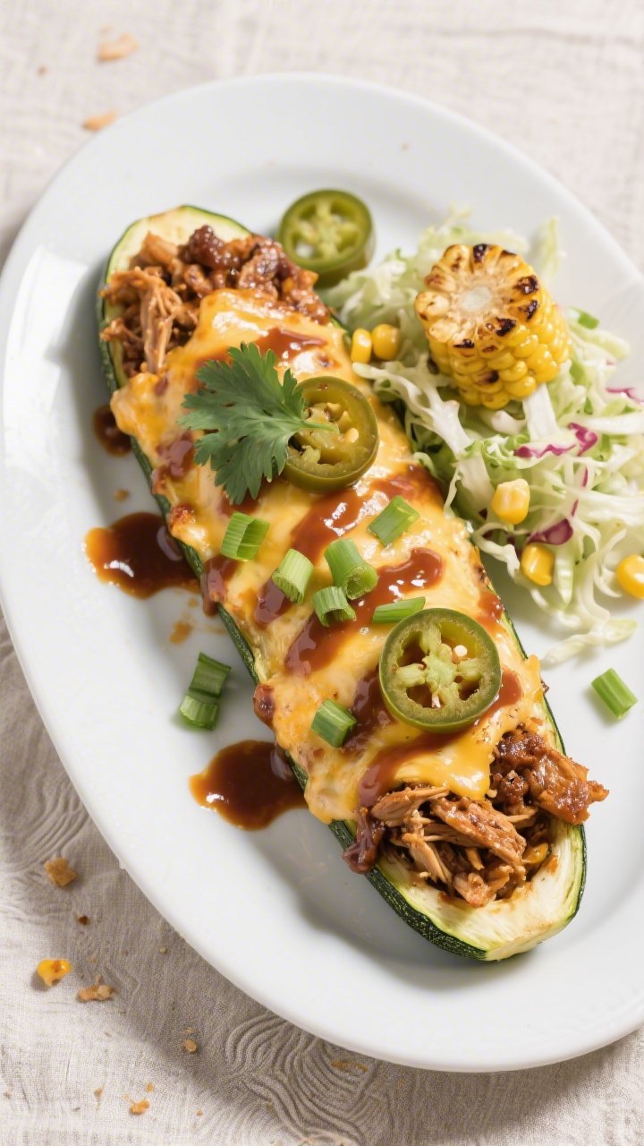 Final plated dish: Restaurant-quality presentation of BBQ Pulled Chicken Stuffed Zucchini Boats on a