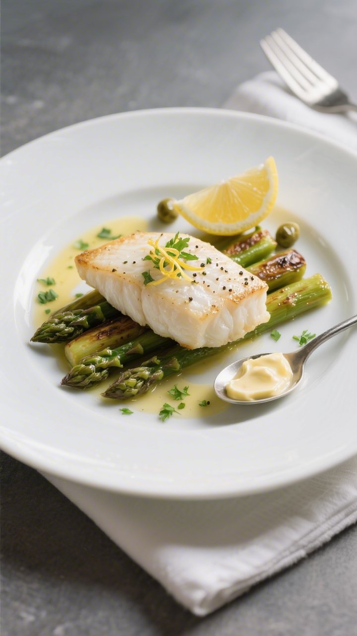 Final plated dish: Restaurant-quality presentation of a single cod fillet over a bed of roasted aspa