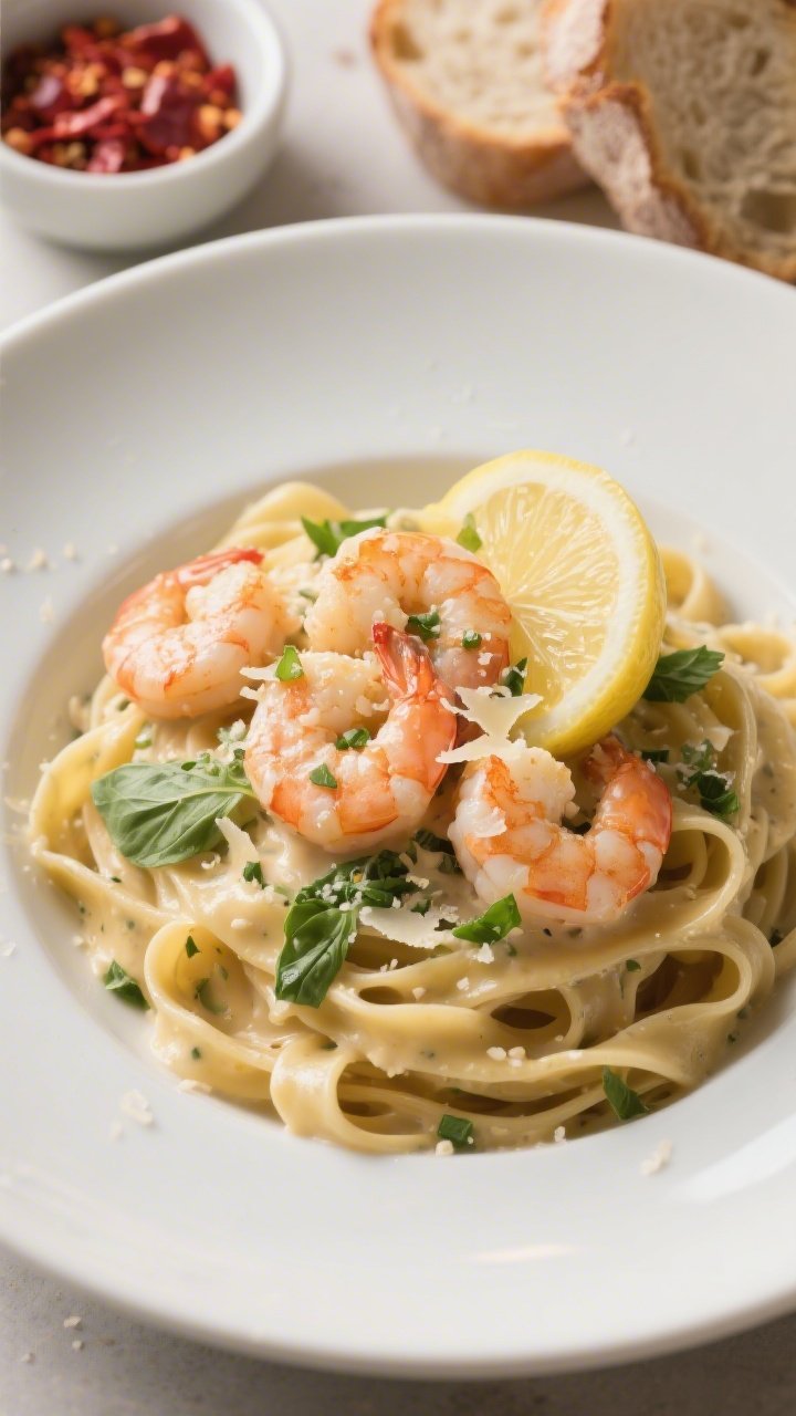 Final plated dish: Restaurant-quality presentation of Creamy Garlic Tuscan Shrimp spooned over al de