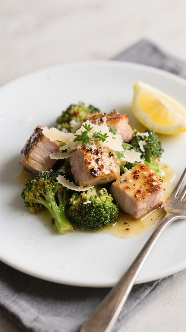 Final plated dish: Restaurant-quality presentation of garlic parmesan pork bites spooned over a bed 