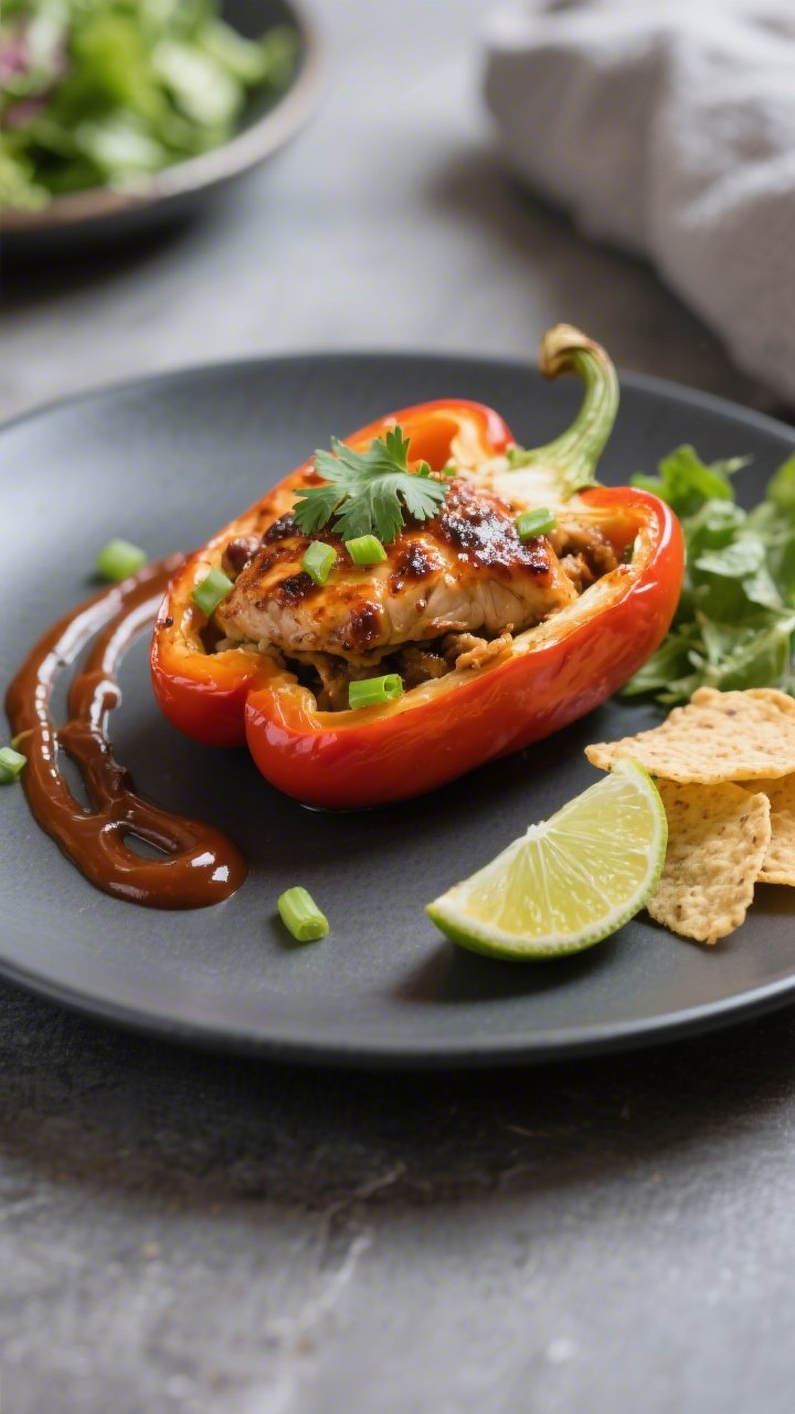 Final plated dish: Restaurant-quality presentation of one halved BBQ chicken stuffed bell pepper on 