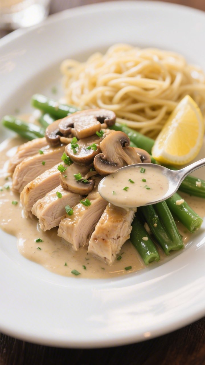 Final plated dish: Restaurant-quality presentation of Creamy Mushroom Chicken & Green Beans on a wid
