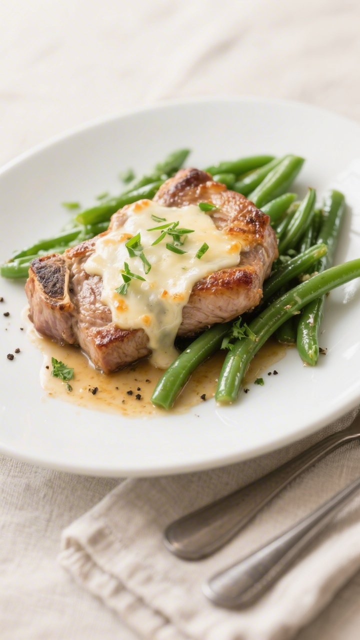 Final plated dish: Restaurant-quality presentation of Cheesy Ranch Pork Chops & Green Beans on a wid