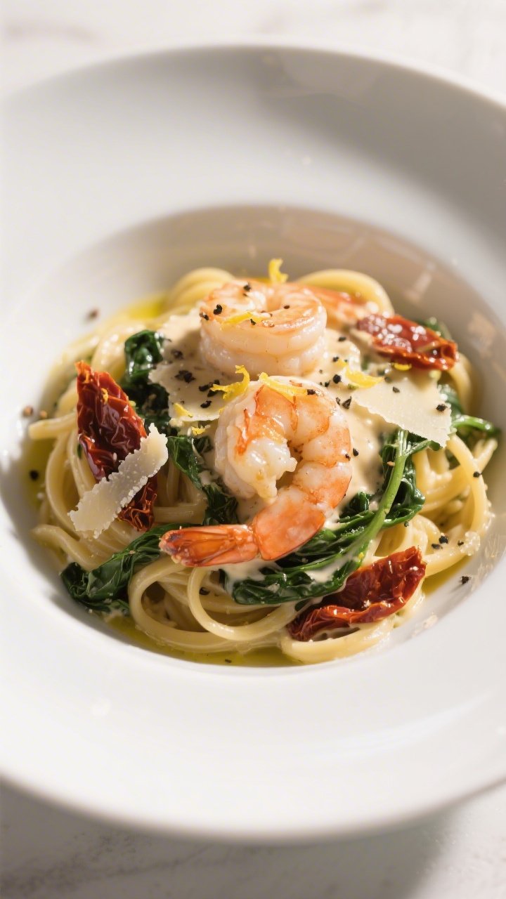 Final plated dish: Restaurant-quality presentation of Creamy Tuscan Shrimp over al dente linguine in