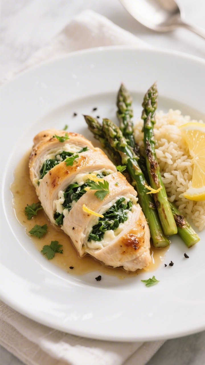 Final plated dish: Restaurant-quality presentation of Cream Cheese Stuffed Chicken on a white cerami