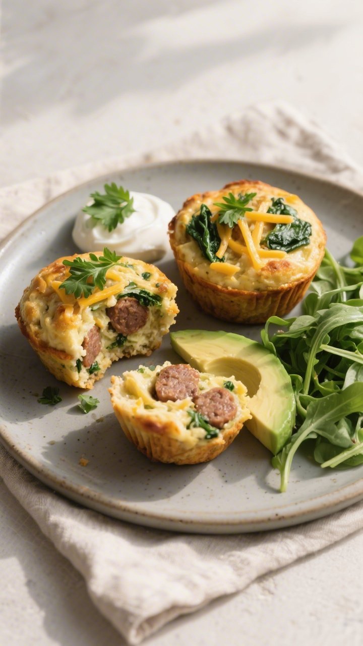 Final plated dish: Restaurant-quality presentation of keto breakfast sausage muffins on a matte cera