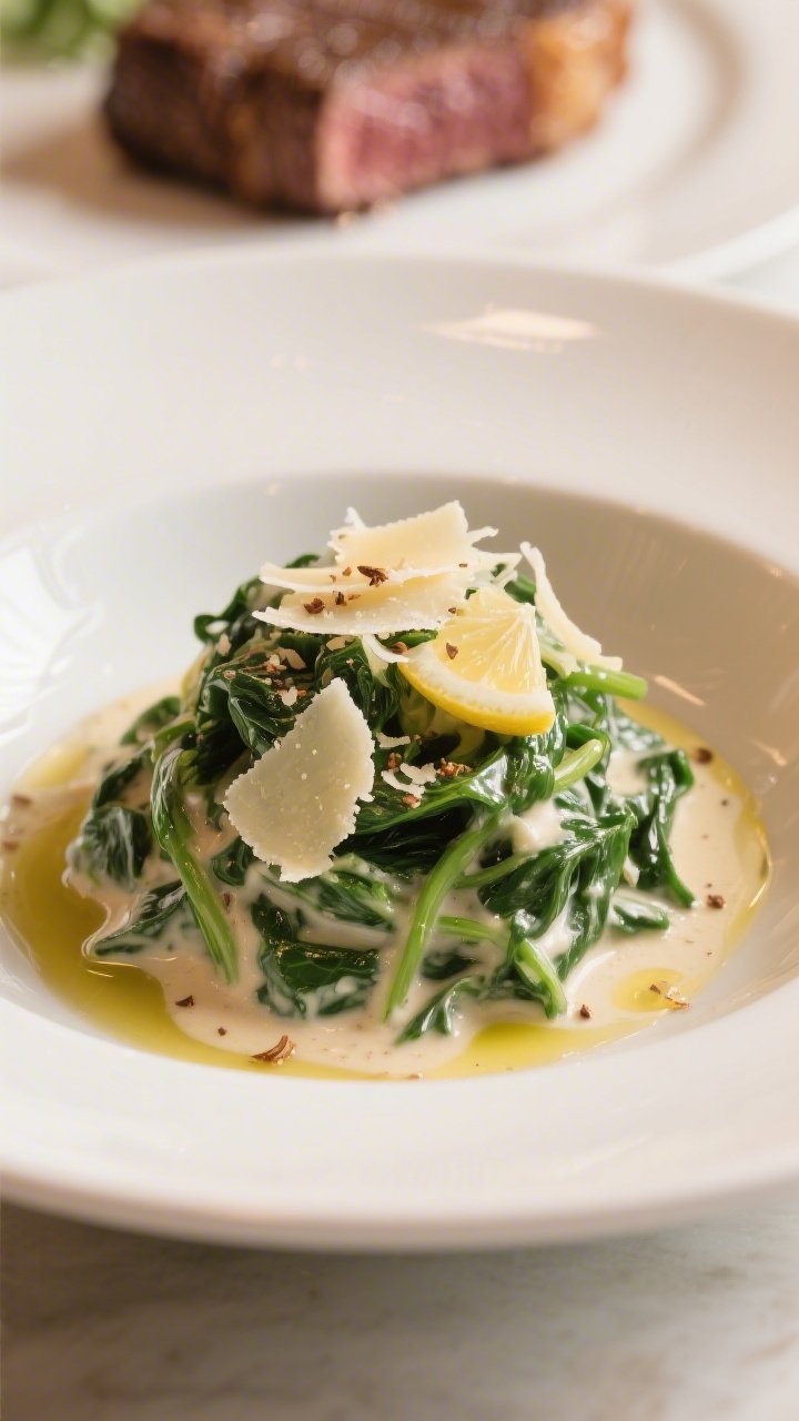 Final plated dish: Restaurant-quality presentation of creamy garlic spinach mounded on a warm white