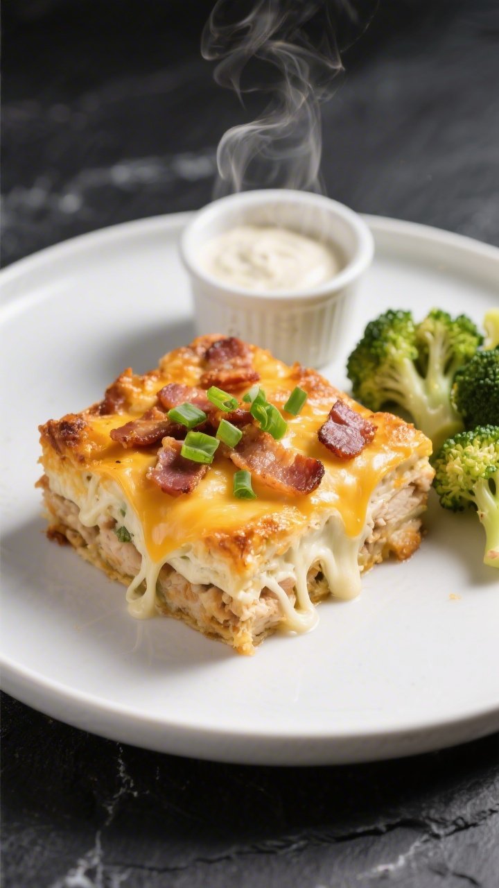 Final plated dish: Restaurant-quality presentation of a neatly cut square of Keto Chicken Bacon Ranc