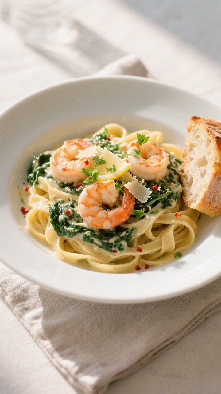 Final plated dish: Restaurant-quality presentation of Creamy Spinach Garlic Shrimp served over al de