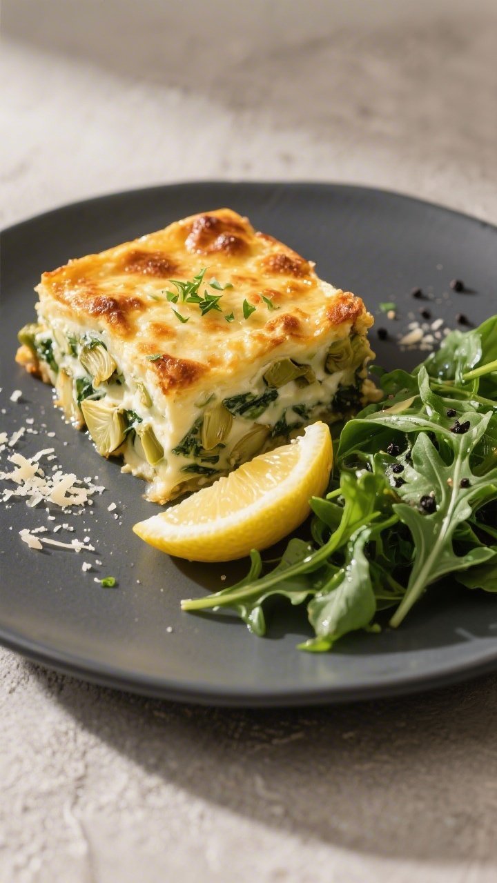 Final plated dish: Restaurant-quality presentation of a square serving of Keto Spinach Artichoke Bak