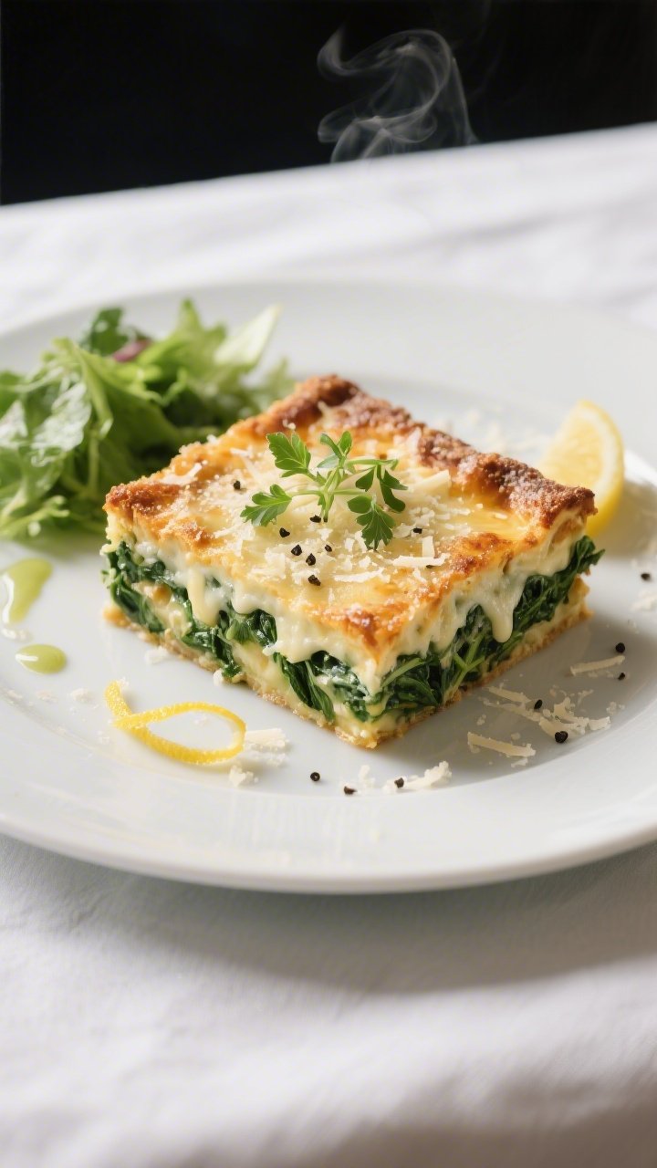 Final plated dish: Restaurant-quality presentation of a neat square slice of Keto Cheesy Spinach Bak