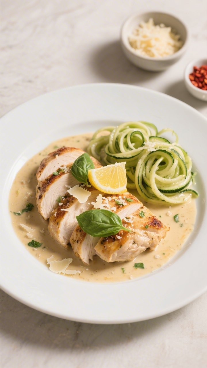 Final plated dish: Restaurant-quality presentation of Creamy Tuscan Keto Chicken on a wide, shallow