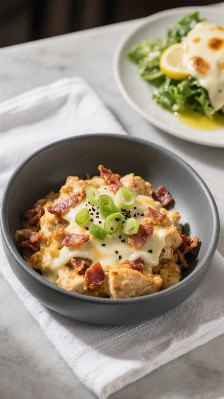 Final plated dish: Restaurant-quality presentation of a hearty scoop of loaded bacon ranch chicken c