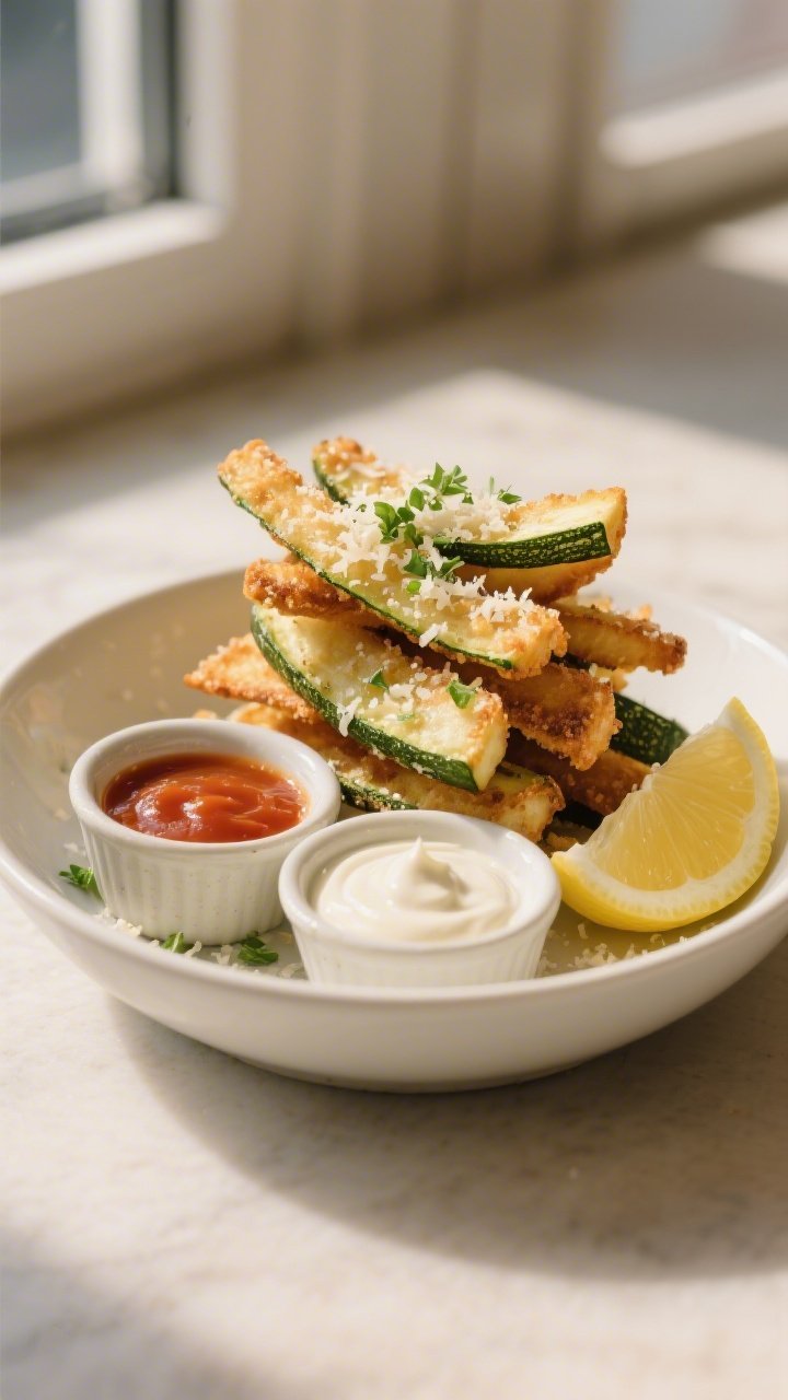 Final plated dish: Restaurant-quality presentation of zucchini fries stacked in a shallow matte-whit